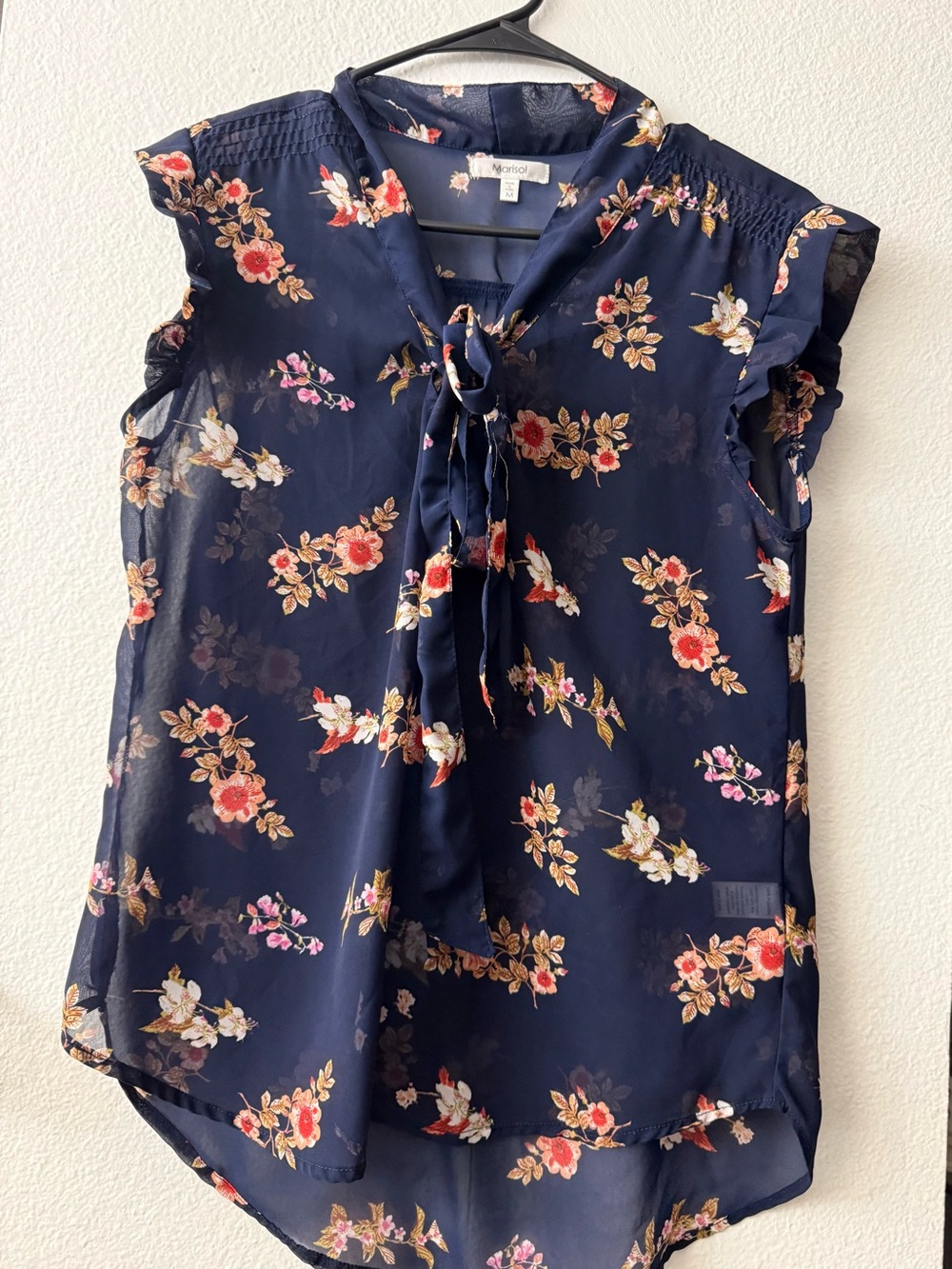 Sheet  Navy Floral Tie-Neck Cap Sleeve Blouse